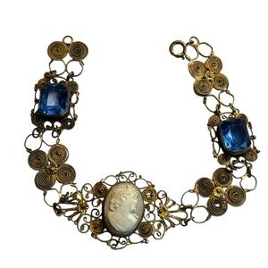 Antique Cantile filagree Blue  paste galss carved Cameo Bracelet art deco